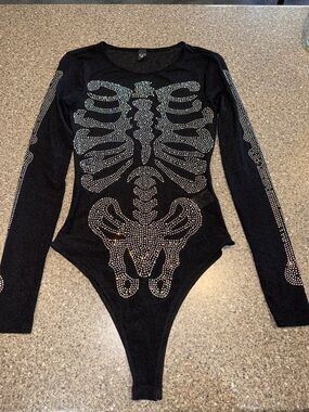 Windsor Black Rhinestone Skeleton Long-Sleeve Bodysuit